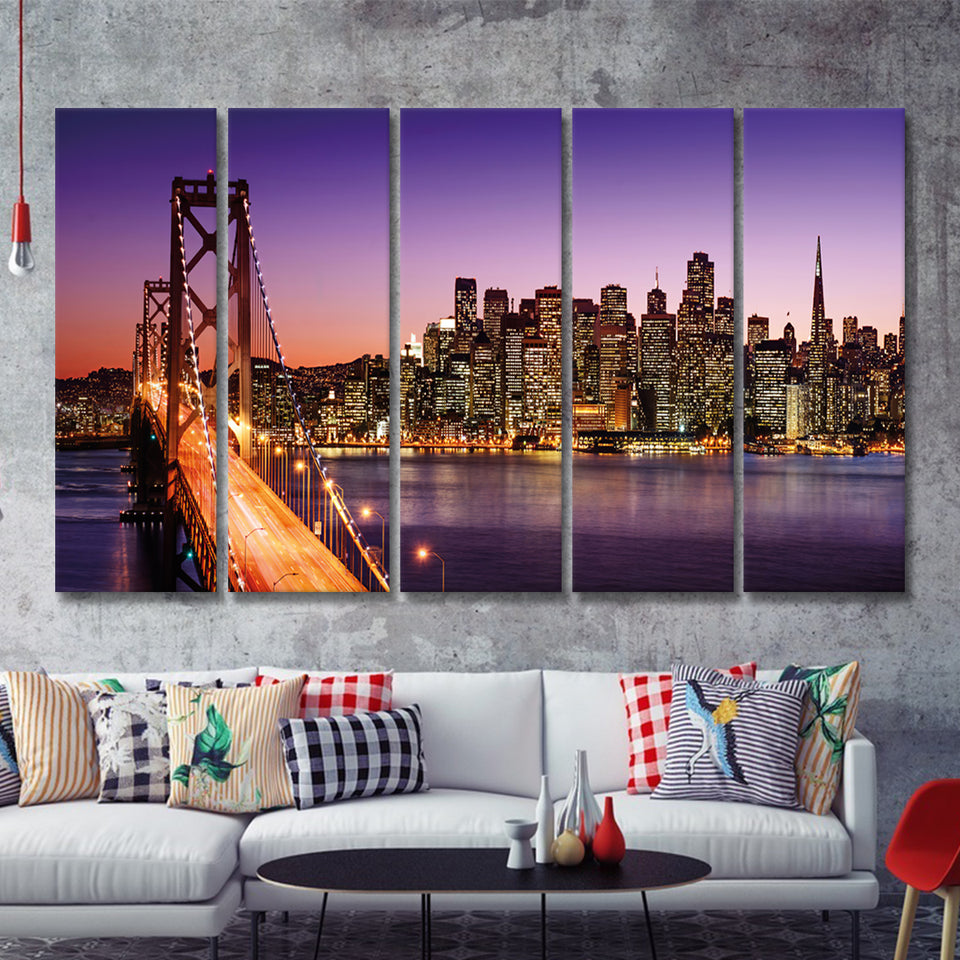 San Francisco skyline and Bay Bridge at sunset California canvas 5 Pieces Canvas Prints Wall Art - Painting Canvas, Multi Panels, Wall Decor