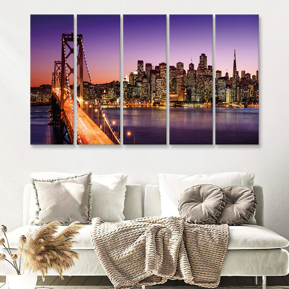 San Francisco skyline and Bay Bridge at sunset California canvas 5 Pieces Canvas Prints Wall Art - Painting Canvas, Multi Panels, Wall Decor