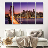San Francisco skyline and Bay Bridge at sunset California canvas 5 Pieces Canvas Prints Wall Art - Painting Canvas, Multi Panels, Wall Decor