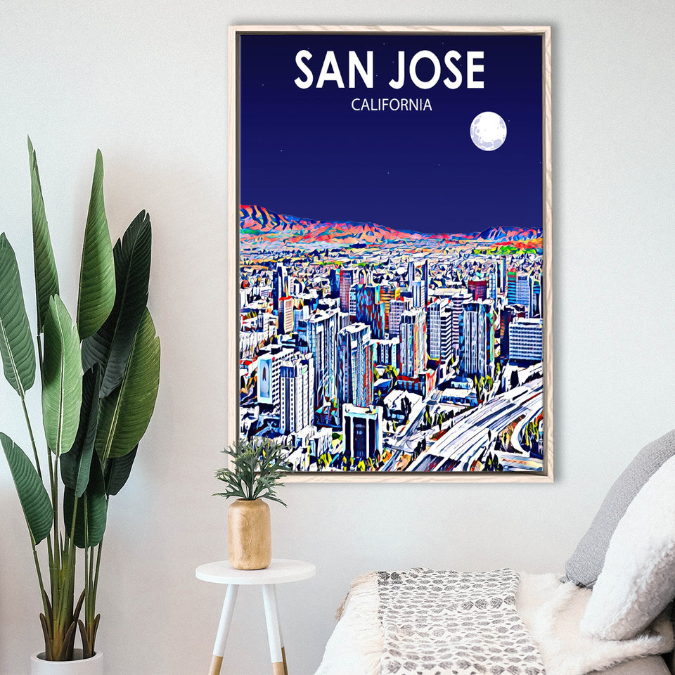 San Jose CA Art Night Landscape, Large Canvas, Framed Canvas Print Wall Art Home Decor, Floating Frame