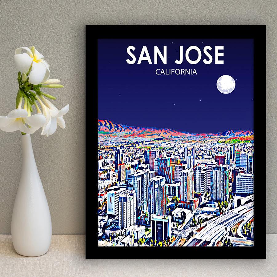San Jose CA Art Night Landscape, City Art Print, Framed Art Print Wall Art Home Decor, Framed Picture