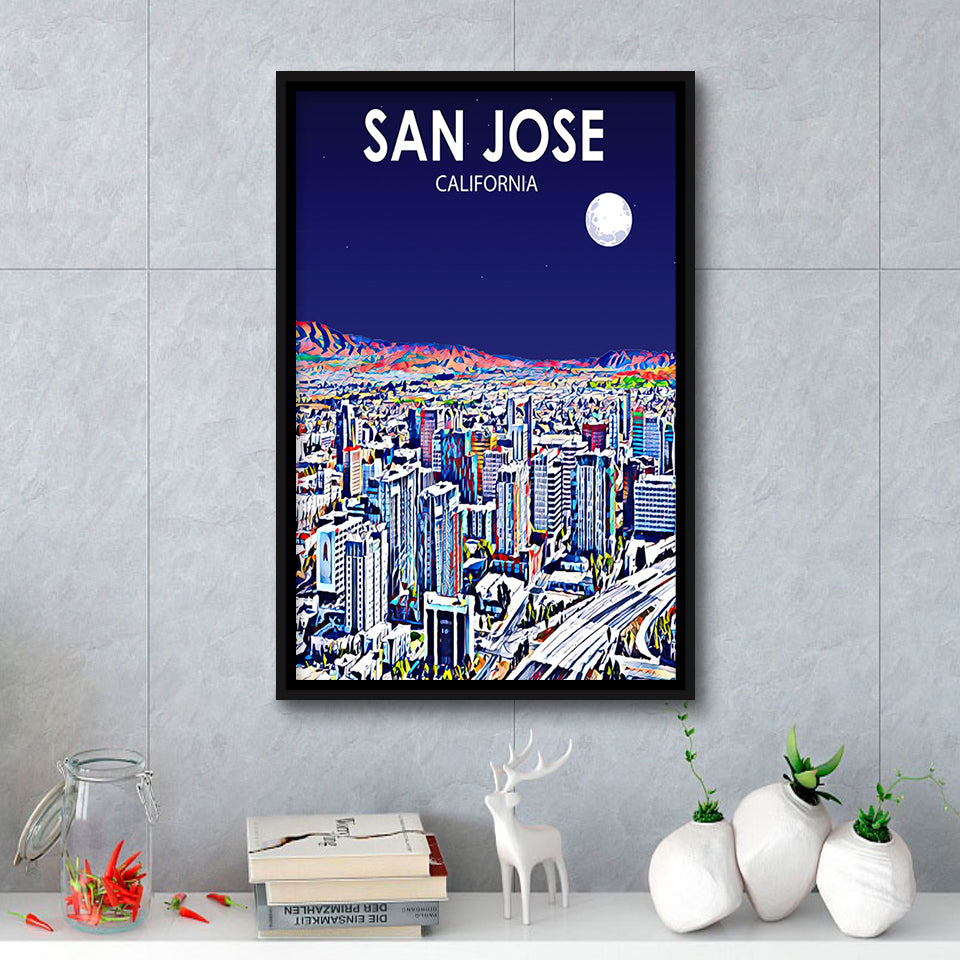 San Jose CA Art Night Landscape, Large Canvas, Framed Canvas Print Wall Art Home Decor, Floating Frame