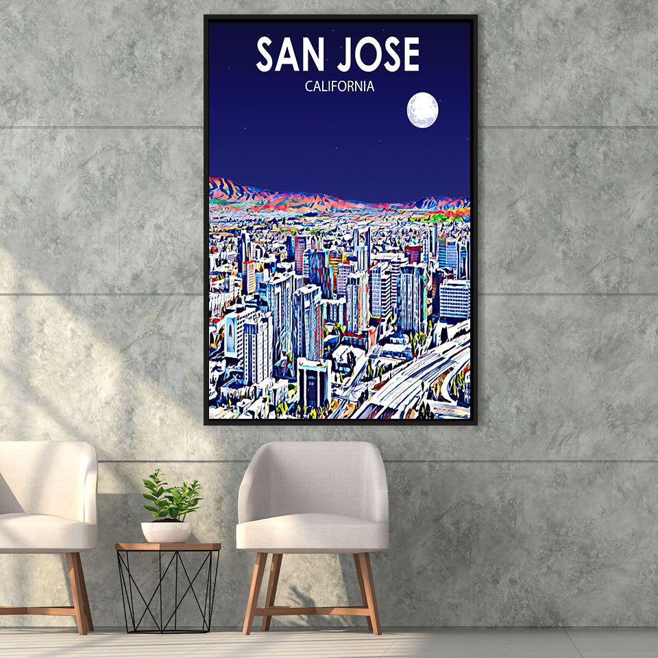 San Jose CA Art Night Landscape, Large Canvas, Framed Canvas Print Wall Art Home Decor, Floating Frame