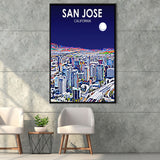 San Jose CA Art Night Landscape, Large Canvas, Framed Canvas Print Wall Art Home Decor, Floating Frame