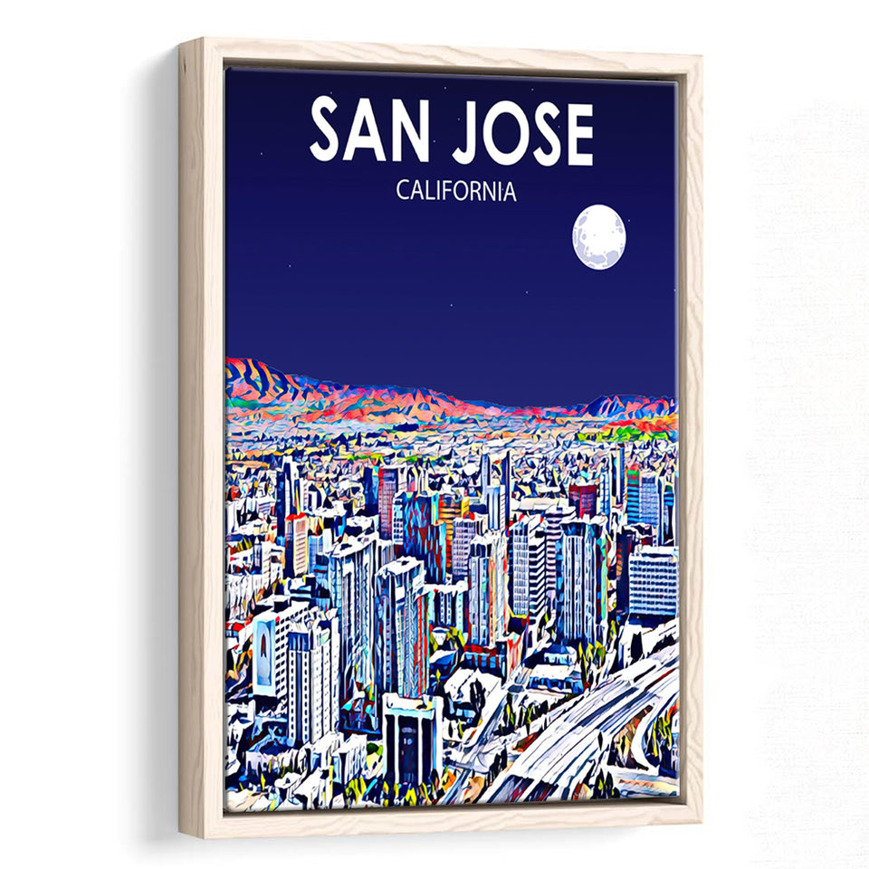 San Jose CA Art Night Landscape, Large Canvas, Framed Canvas Print Wall Art Home Decor, Floating Frame
