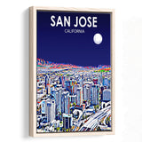 San Jose CA Art Night Landscape, Large Canvas, Framed Canvas Print Wall Art Home Decor, Floating Frame