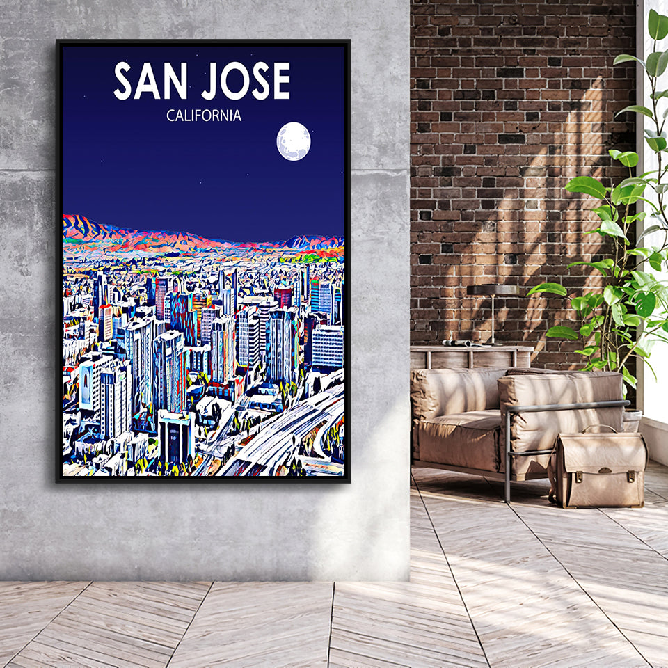 San Jose CA Art Night Landscape, Large Canvas, Framed Canvas Print Wall Art Home Decor, Floating Frame