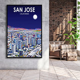 San Jose CA Art Night Landscape, Large Canvas, Framed Canvas Print Wall Art Home Decor, Floating Frame