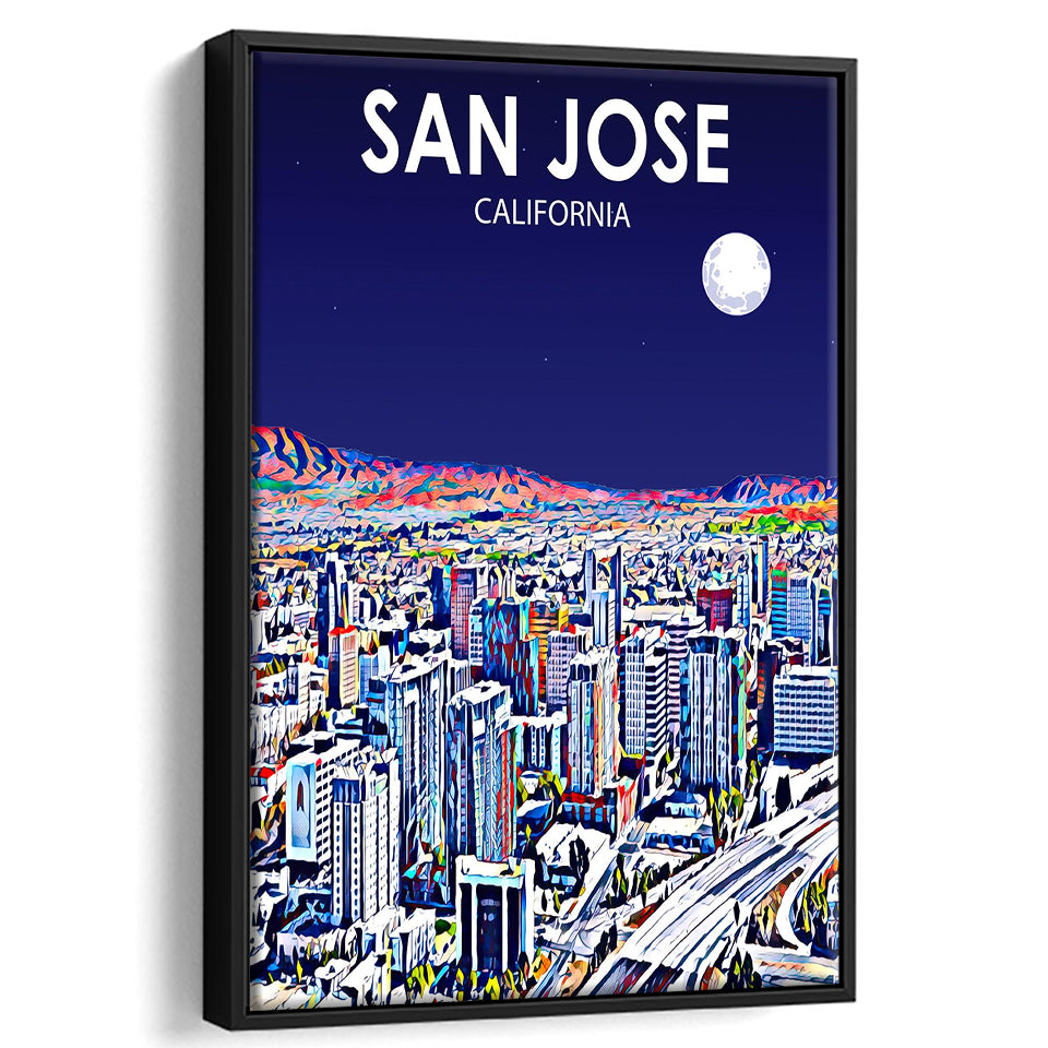 San Jose CA Art Night Landscape, Large Canvas, Framed Canvas Print Wall Art Home Decor, Floating Frame