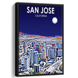 San Jose CA Art Night Landscape, Large Canvas, Framed Canvas Print Wall Art Home Decor, Floating Frame