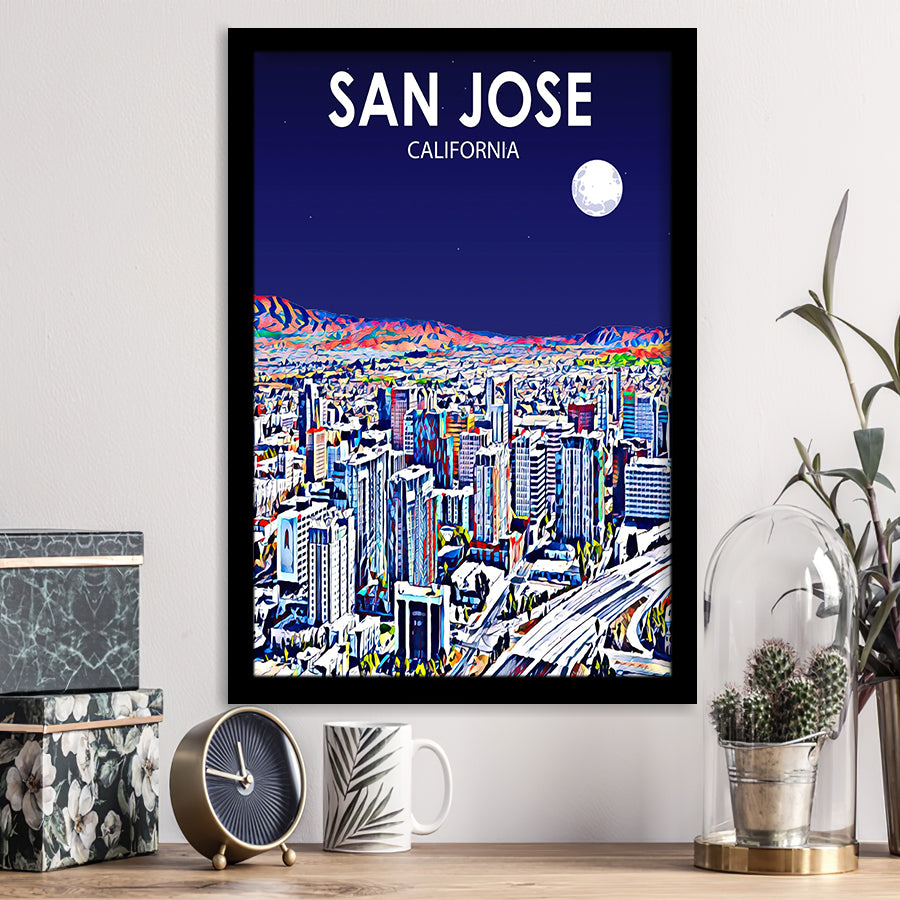 San Jose CA Art Night Landscape, City Art Print, Framed Art Print Wall Art Home Decor, Framed Picture