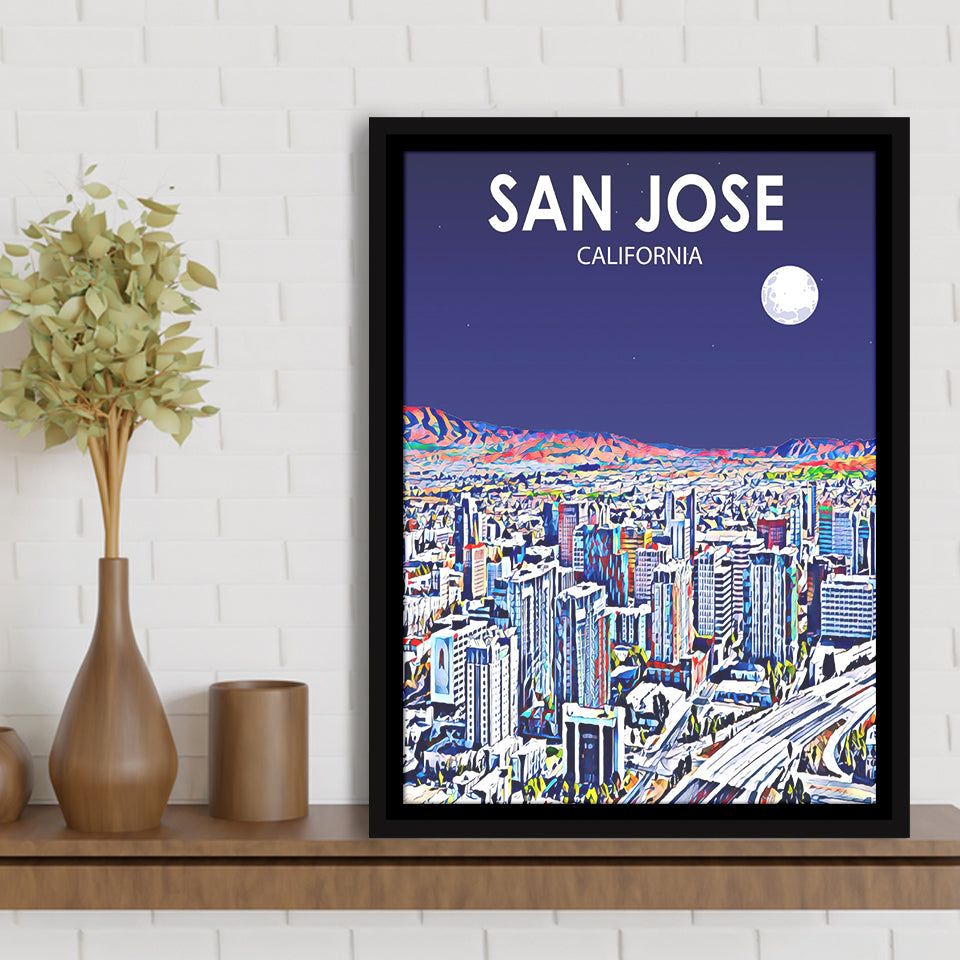 San Jose CA Art Night Landscape, Large Canvas, Framed Canvas Print Wall Art Home Decor, Floating Frame