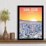 San Jose CA Art Sunset Landscape, Large Canvas, Framed Canvas Print Wall Art Home Decor, Floating Frame