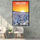 San Jose CA Art Sunset Landscape, Large Canvas, Framed Canvas Print Wall Art Home Decor, Floating Frame