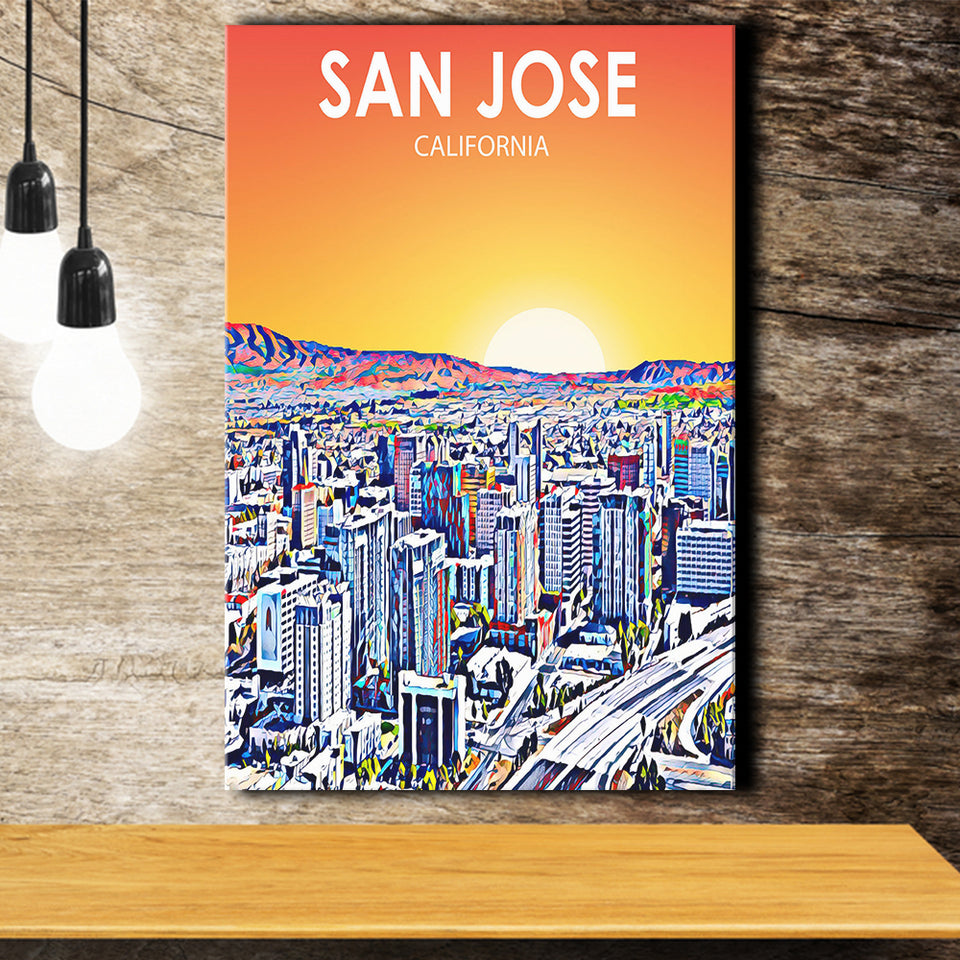 San Jose CA Art Sunset Landscape ,City Art Print, Large Canvas, Canvas Print Wall Art Home Decor