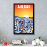San Jose CA Art Sunset Landscape, Large Canvas, Framed Canvas Print Wall Art Home Decor, Floating Frame