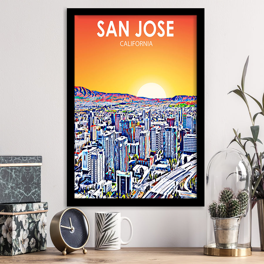 San Jose CA Art Sunset Landscape, City Art Print, Framed Art Print Wall Art Home Decor, Framed Picture