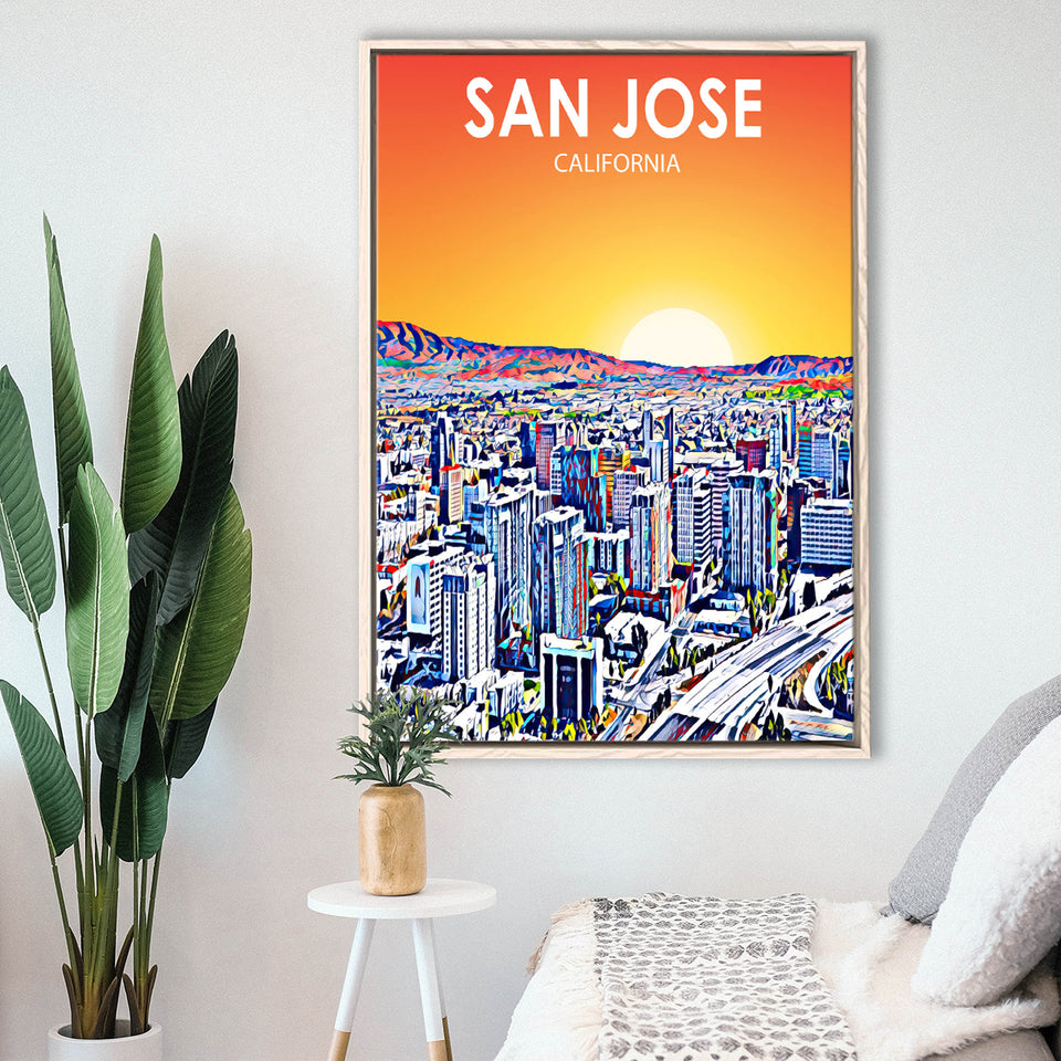 San Jose CA Art Sunset Landscape, Large Canvas, Framed Canvas Print Wall Art Home Decor, Floating Frame