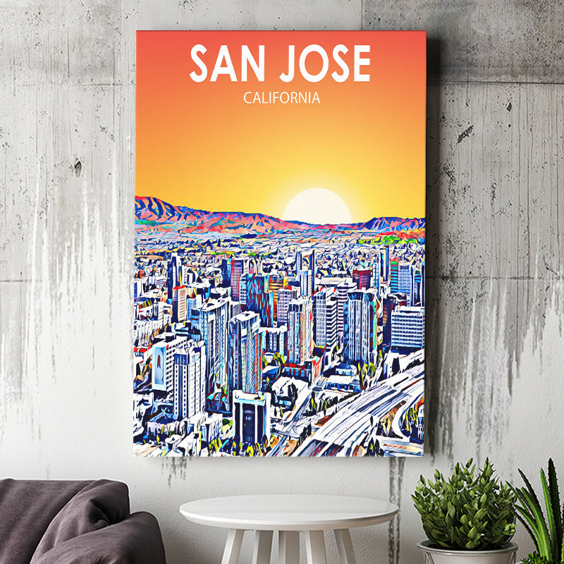 San Jose CA Art Sunset Landscape ,City Art Print, Large Canvas, Canvas Print Wall Art Home Decor
