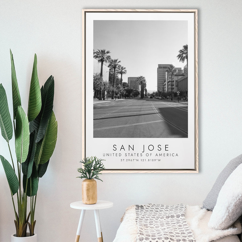 San Jose, Usa Black And White Art Framed Canvas Prints Wall Art Home Decor, Floating Frame