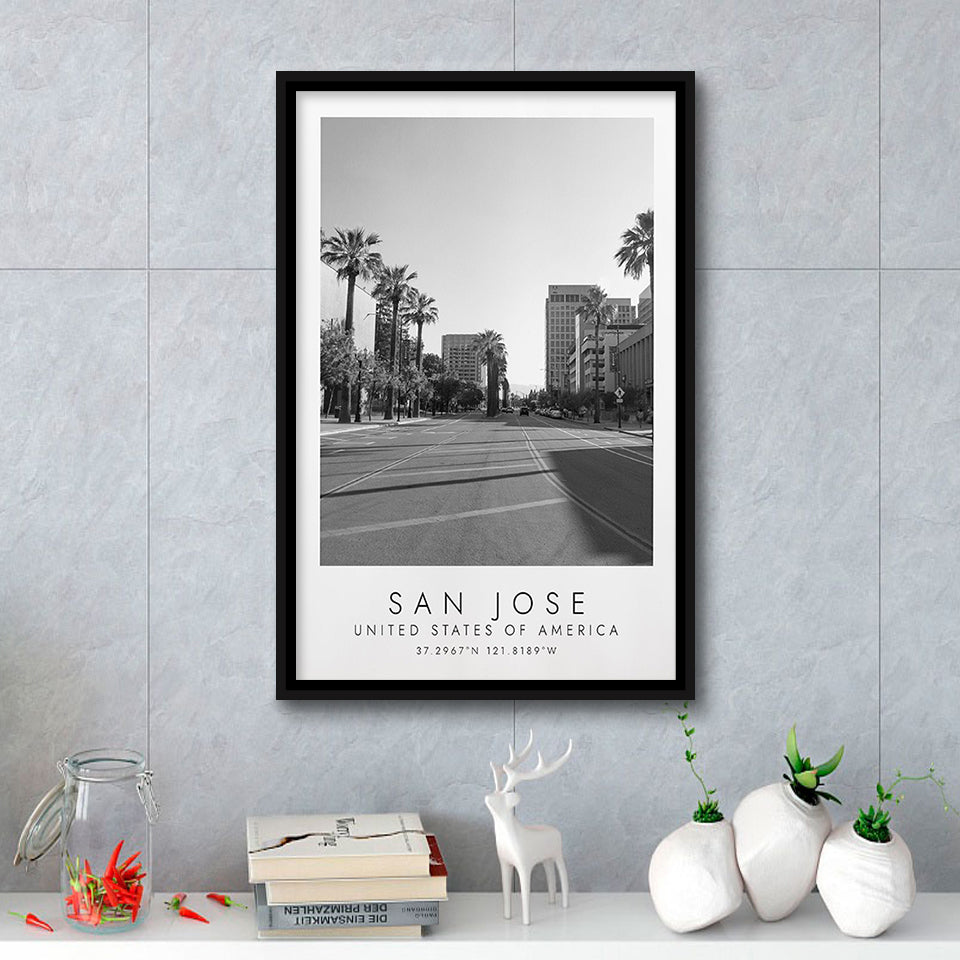 San Jose, Usa Black And White Art Framed Canvas Prints Wall Art Home Decor, Floating Frame