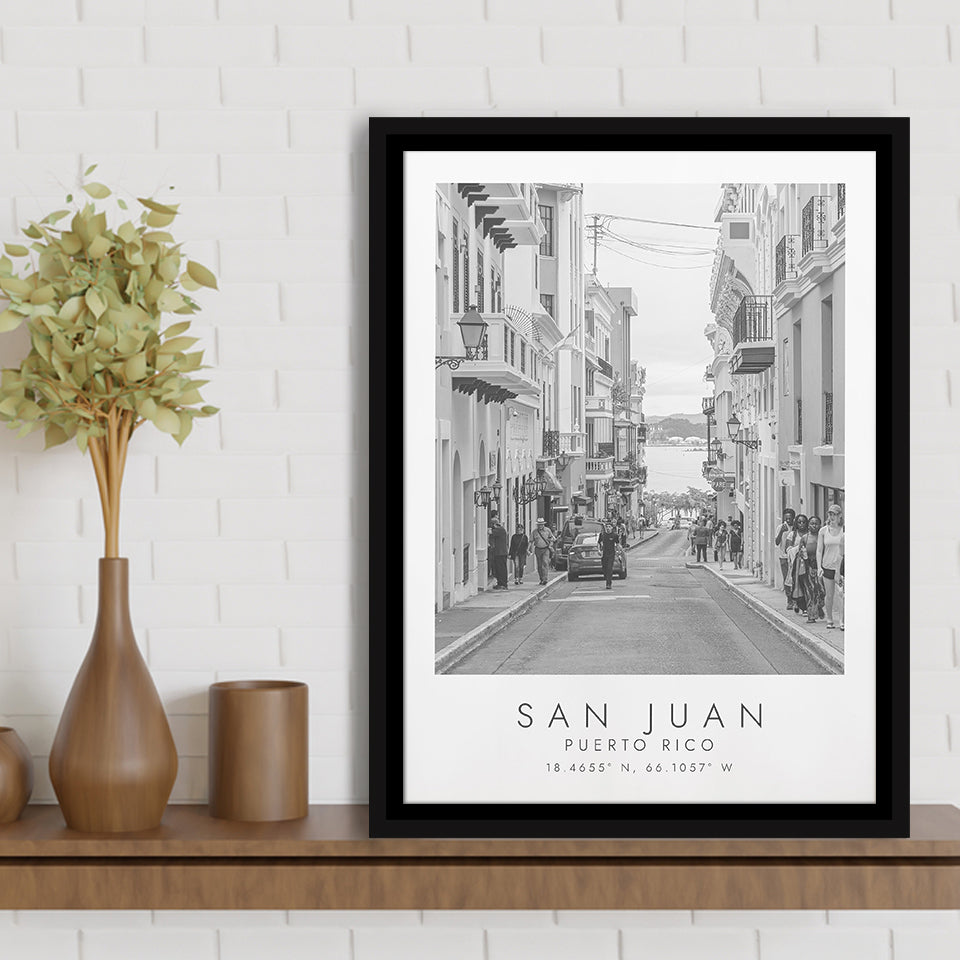 San Juan Puerto Rico Black And White Art Framed Canvas Prints Wall Art Home Decor, Floating Frame