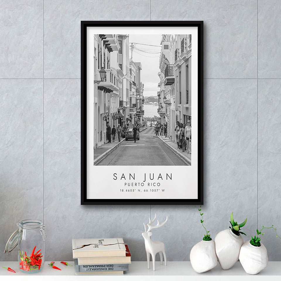 San Juan Puerto Rico Black And White Art Framed Canvas Prints Wall Art Home Decor, Floating Frame