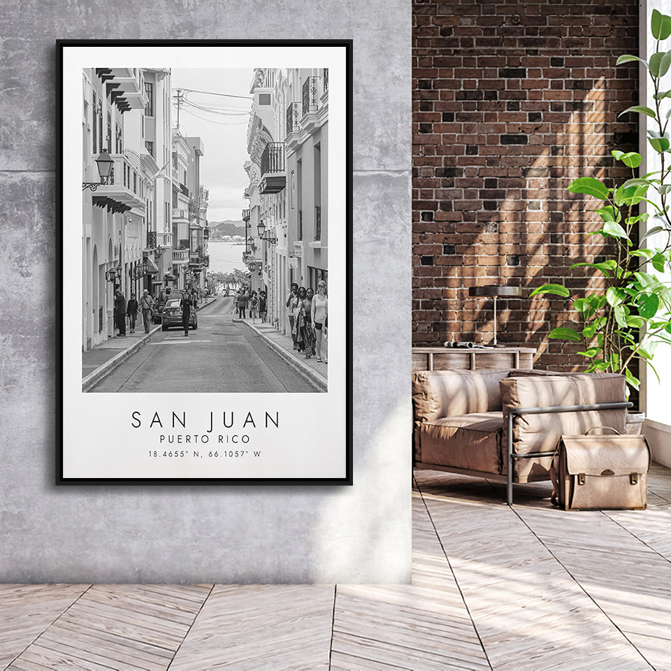 San Juan Puerto Rico Black And White Art Framed Canvas Prints Wall Art Home Decor, Floating Frame