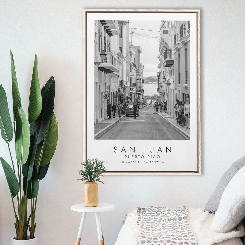 San Juan Puerto Rico Black And White Art Framed Canvas Prints Wall Art Home Decor, Floating Frame