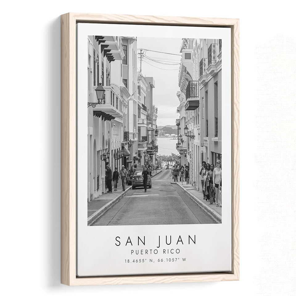 San Juan Puerto Rico Black And White Art Framed Canvas Prints Wall Art Home Decor, Floating Frame