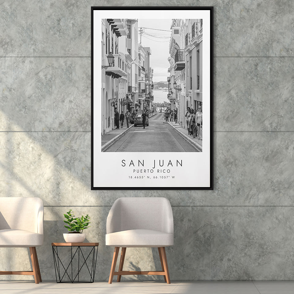 San Juan Puerto Rico Black And White Art Framed Canvas Prints Wall Art Home Decor, Floating Frame