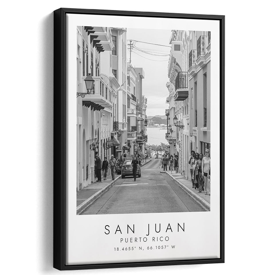 San Juan Puerto Rico Black And White Art Framed Canvas Prints Wall Art Home Decor, Floating Frame
