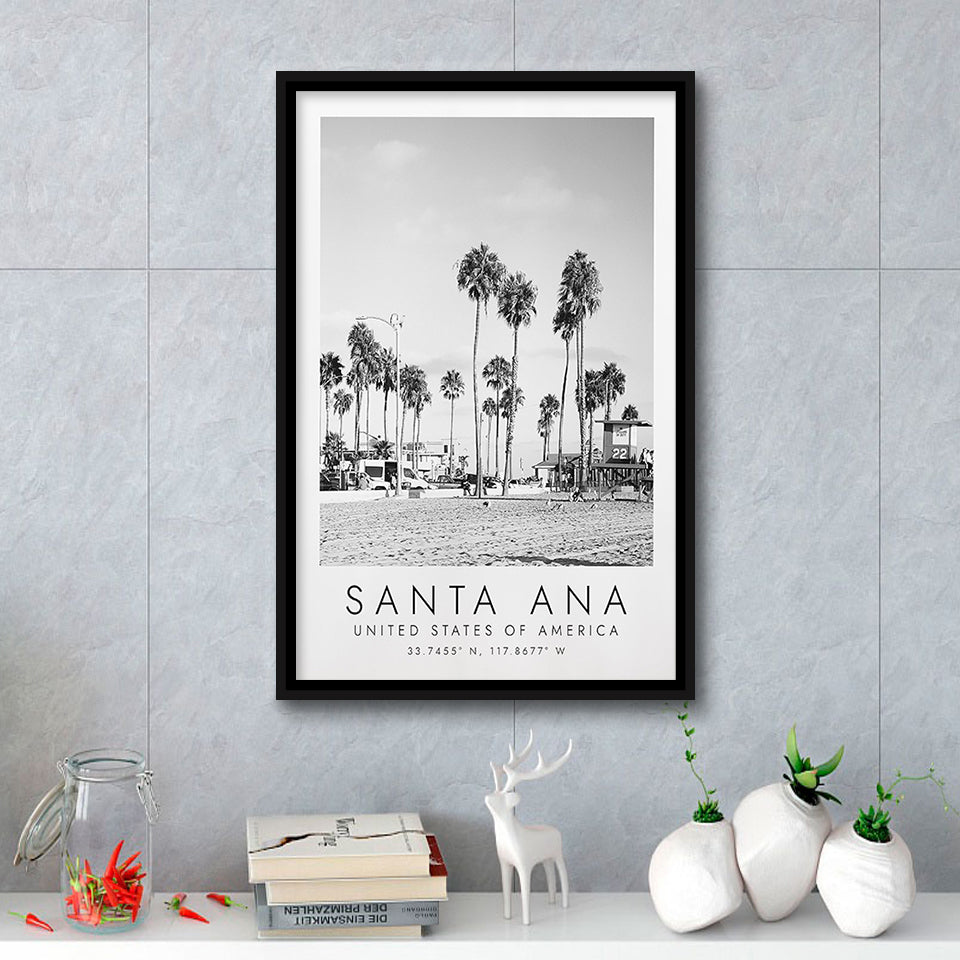 Santa Ana Usa Black And White Art Framed Canvas Prints Wall Art Home Decor, Floating Frame
