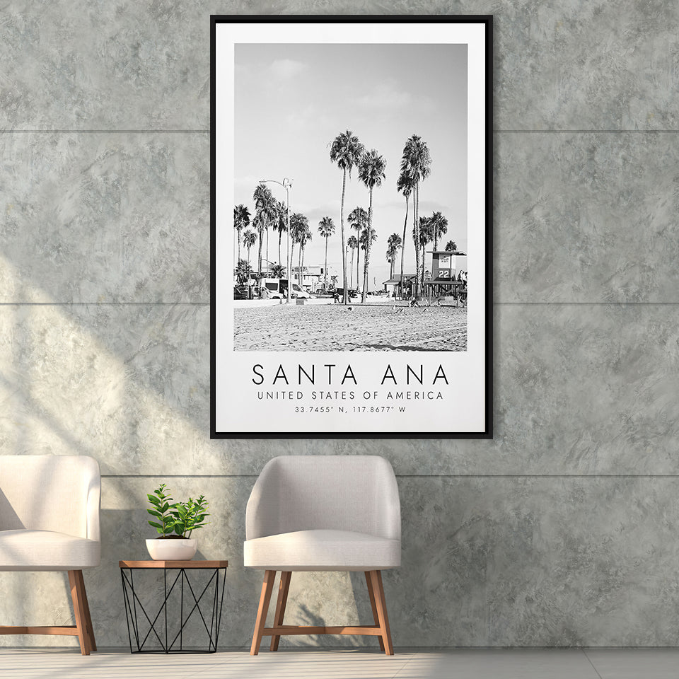 Santa Ana Usa Black And White Art Framed Canvas Prints Wall Art Home Decor, Floating Frame