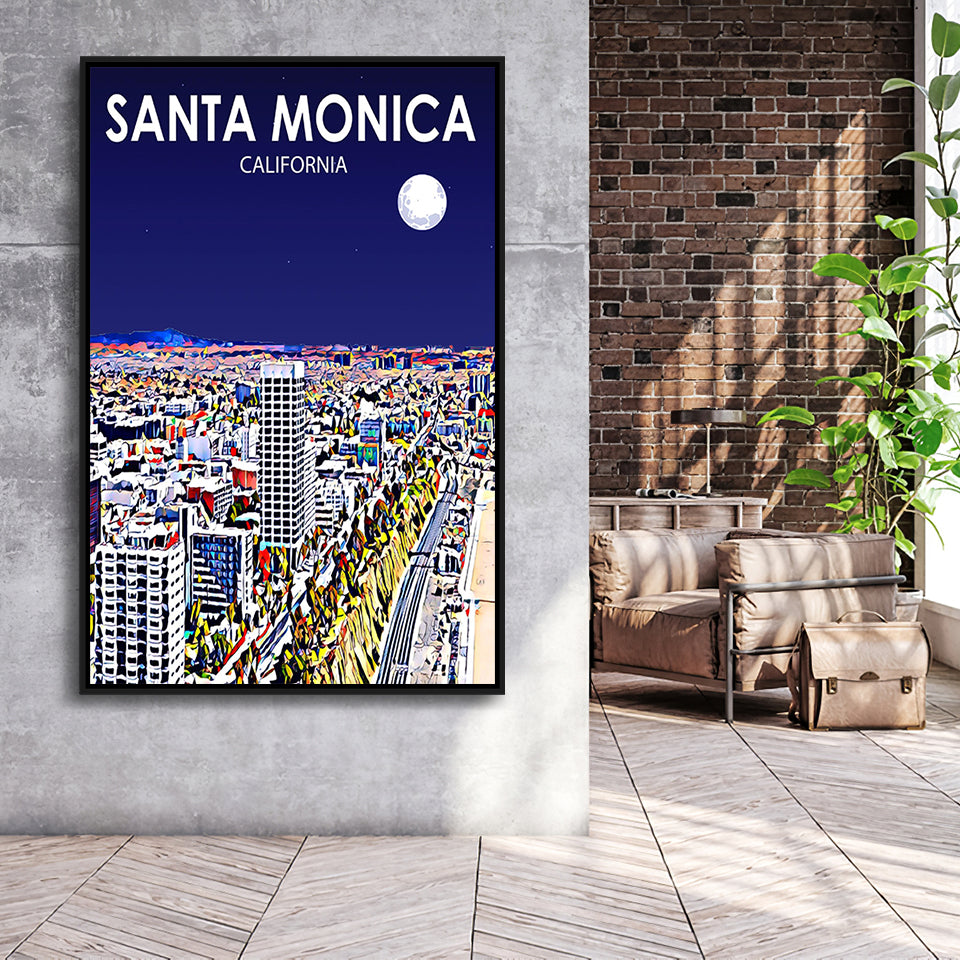Santa Monica CA Art V1, Large Canvas, Framed Canvas Print Wall Art Home Decor, Floating Frame
