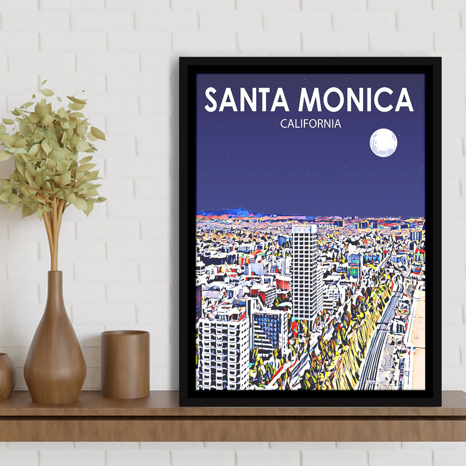 Santa Monica CA Art V1, Large Canvas, Framed Canvas Print Wall Art Home Decor, Floating Frame