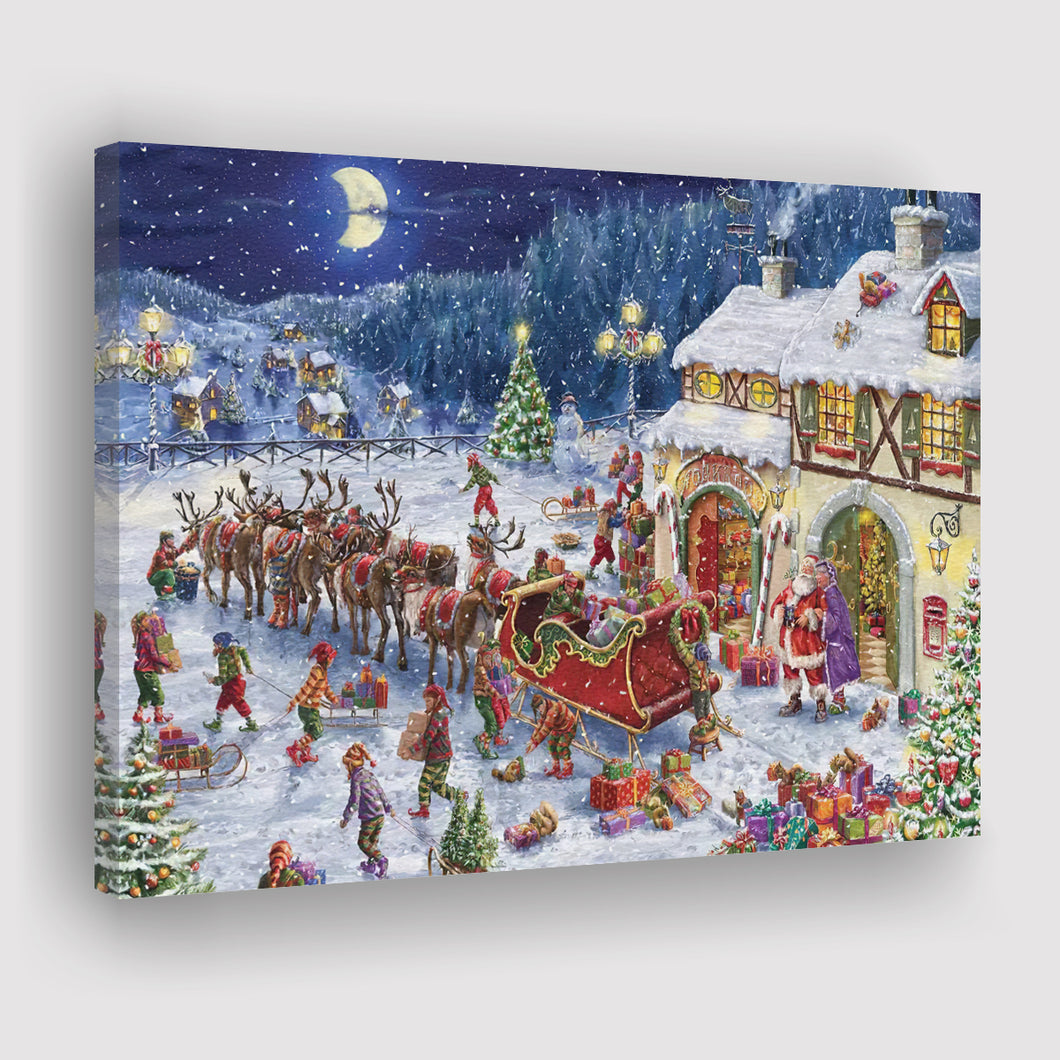 Santa Sleigh And Big Moon Xmas Canvas Prints Wall Art - Painting Canvas, Home Wall Decor, For Sale, Canvas Gift