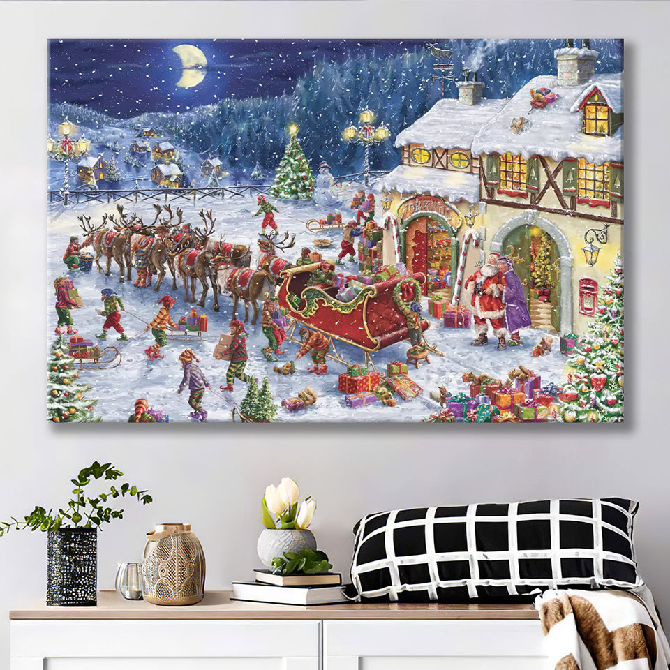 Santa Sleigh And Big Moon Xmas Canvas Prints Wall Art - Painting Canvas, Home Wall Decor, For Sale, Canvas Gift