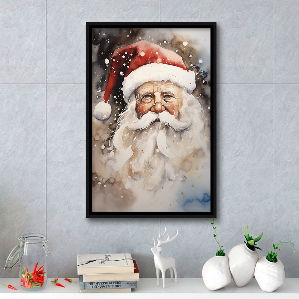 Santa Claus Portrait, Xmas Art Water Color Painting,Framed Canvas Prints,Floating Frame, Wall Art Home Decor
