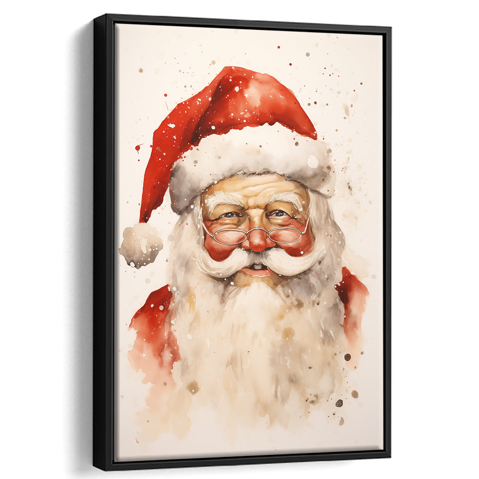 Santa Claus Smile Portrait, Xmas Art Water Color Painting,Framed Canvas Prints,Floating Frame, Wall Art Home Decor