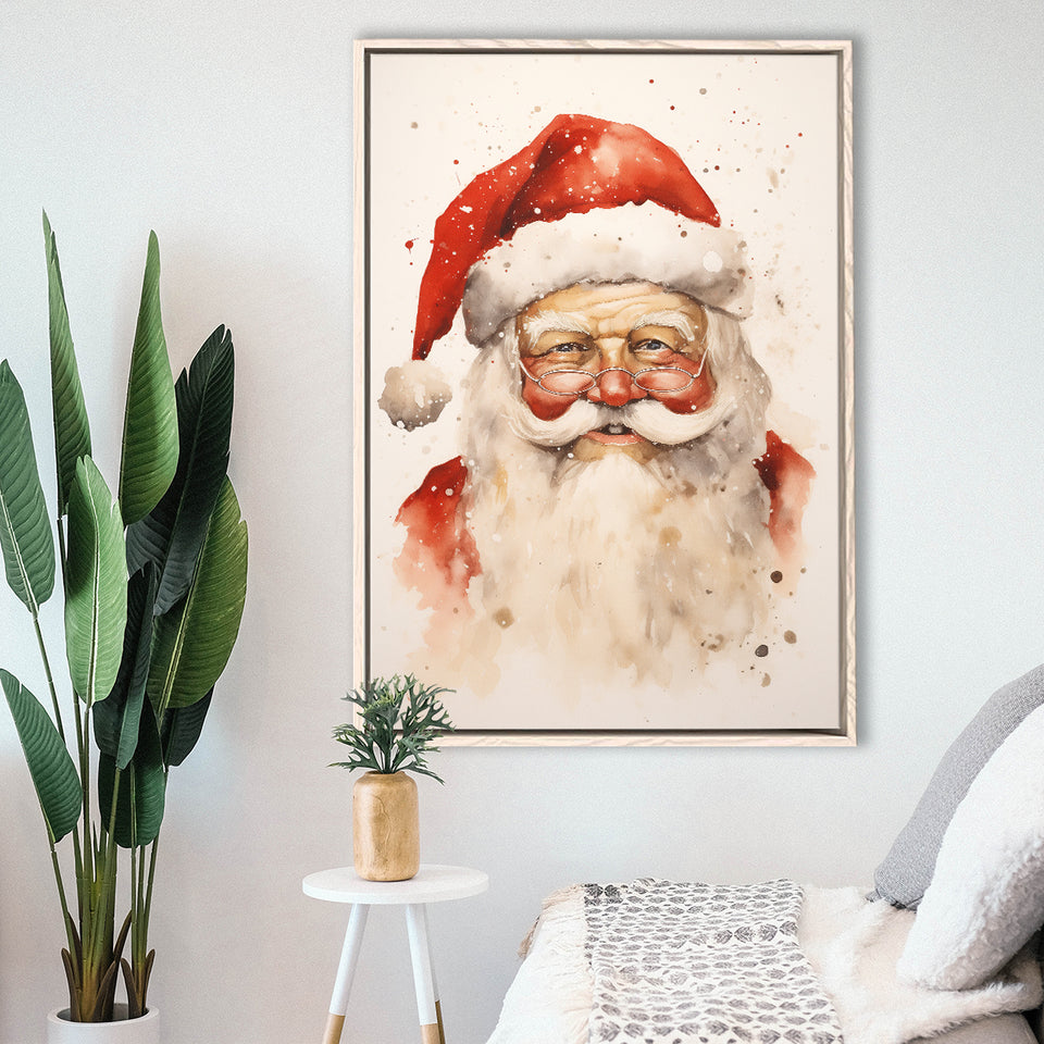 Santa Claus Smile Portrait, Xmas Art Water Color Painting,Framed Canvas Prints,Floating Frame, Wall Art Home Decor