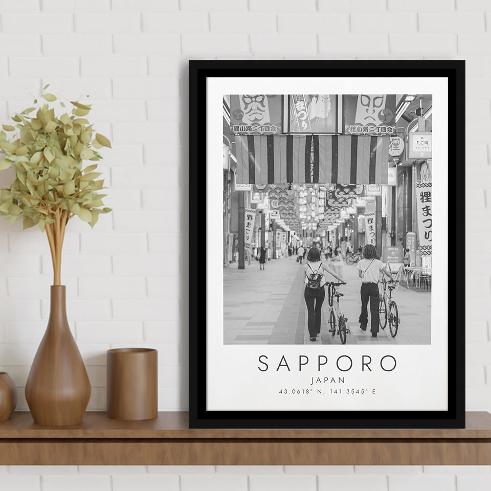 Sapporo Japan Black And White Art Framed Canvas Prints Wall Art Home Decor, Floating Frame