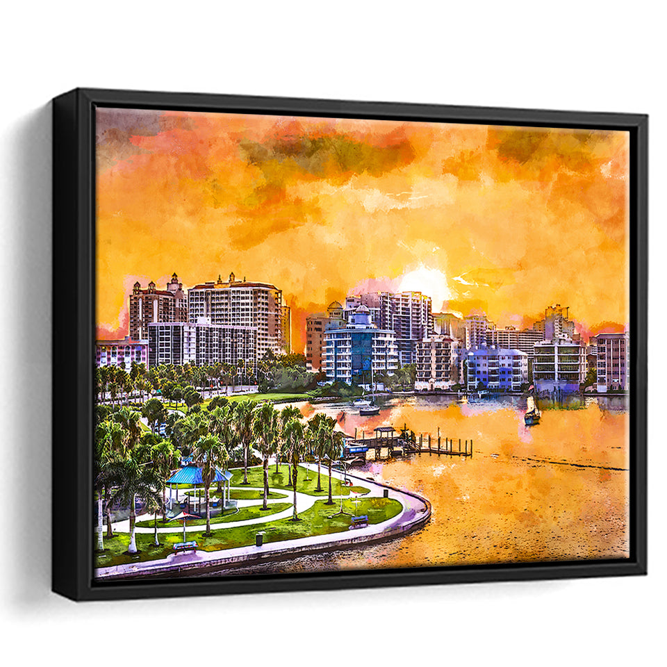 Sarasota Florida Usa Downtown Skyline On City Art Watercolor Framed Canvas Prints Wall Art Home Decor,Floating Frame