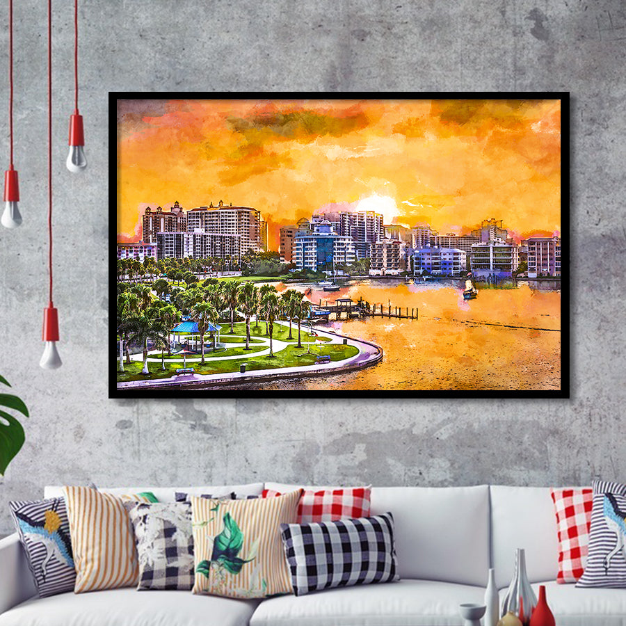 Sarasota Florida Usa Downtown Skyline On City Art Watercolor Framed Art Prints Wall Art Decor,Framed Picture
