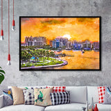 Sarasota Florida Usa Downtown Skyline On City Art Watercolor Framed Art Prints Wall Art Decor,Framed Picture