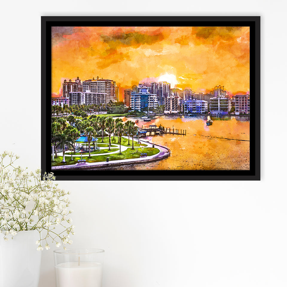 Sarasota Florida Usa Downtown Skyline On City Art Watercolor Framed Canvas Prints Wall Art Home Decor,Floating Frame