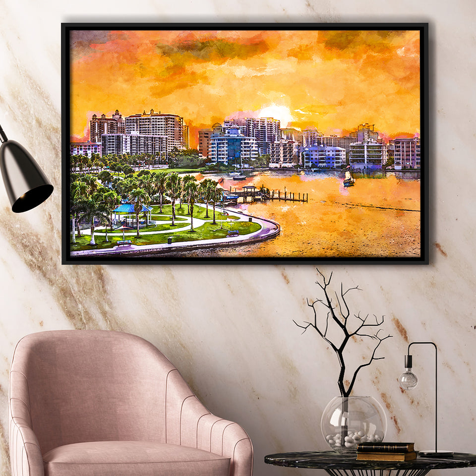 Sarasota Florida Usa Downtown Skyline On City Art Watercolor Framed Canvas Prints Wall Art Home Decor,Floating Frame