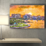 Sarasota Florida Usa Downtown Skyline On City Art Watercolor Canvas Prints Wall Art Home Decor, Large Canvas