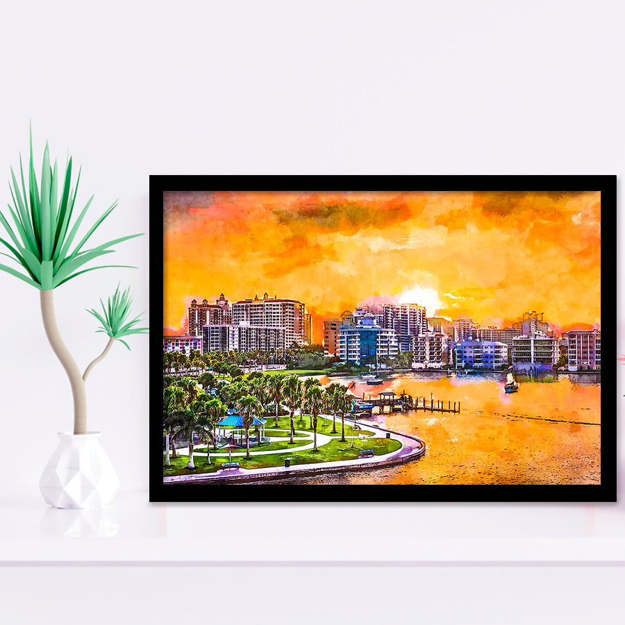 Sarasota Florida Usa Downtown Skyline On City Art Watercolor Framed Art Prints Wall Art Decor,Framed Picture