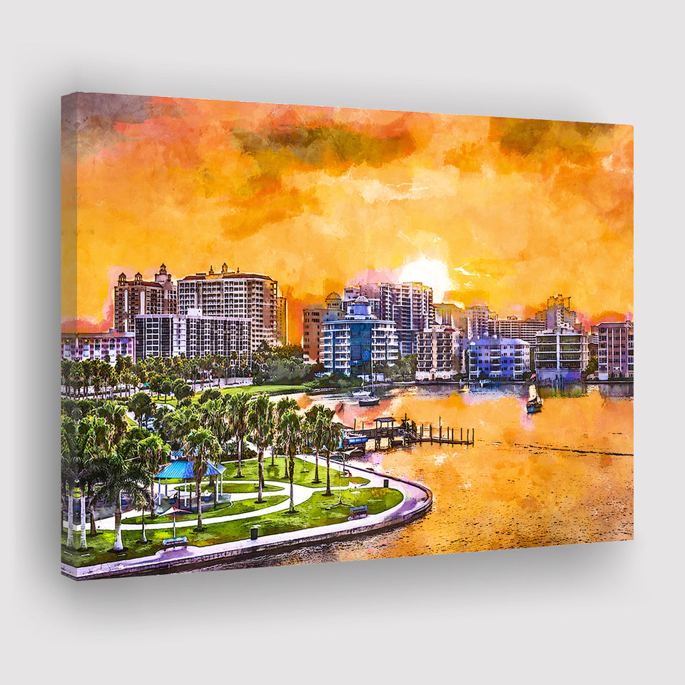 Sarasota Florida Usa Downtown Skyline On City Art Watercolor Canvas Prints Wall Art Home Decor, Large Canvas